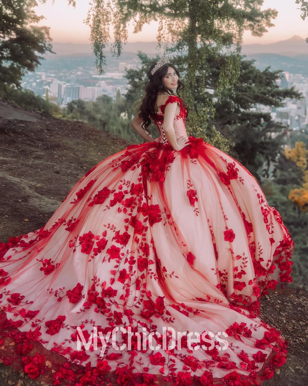 Princess Ball Gown red Quince Dresses Floral Beaded Crystals Off the Shoulder