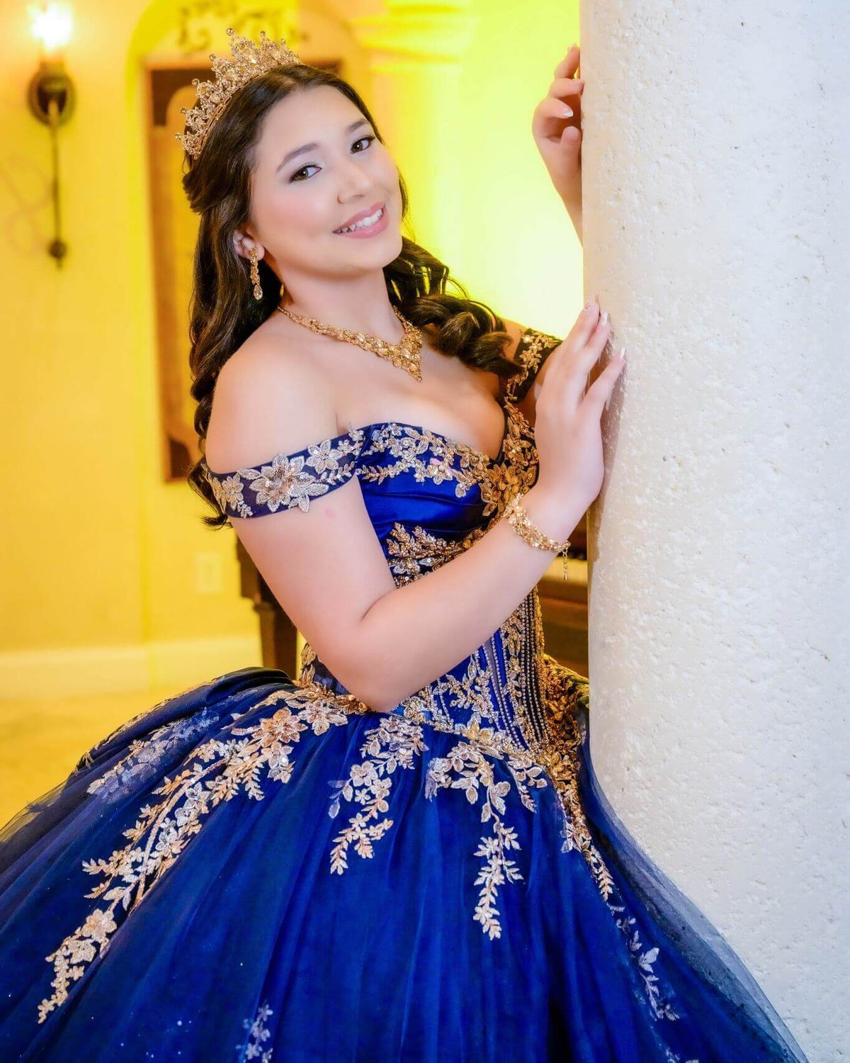 Princess Ball Gown Royal Blue Quince 15 Dress with Gold Applique Beaded