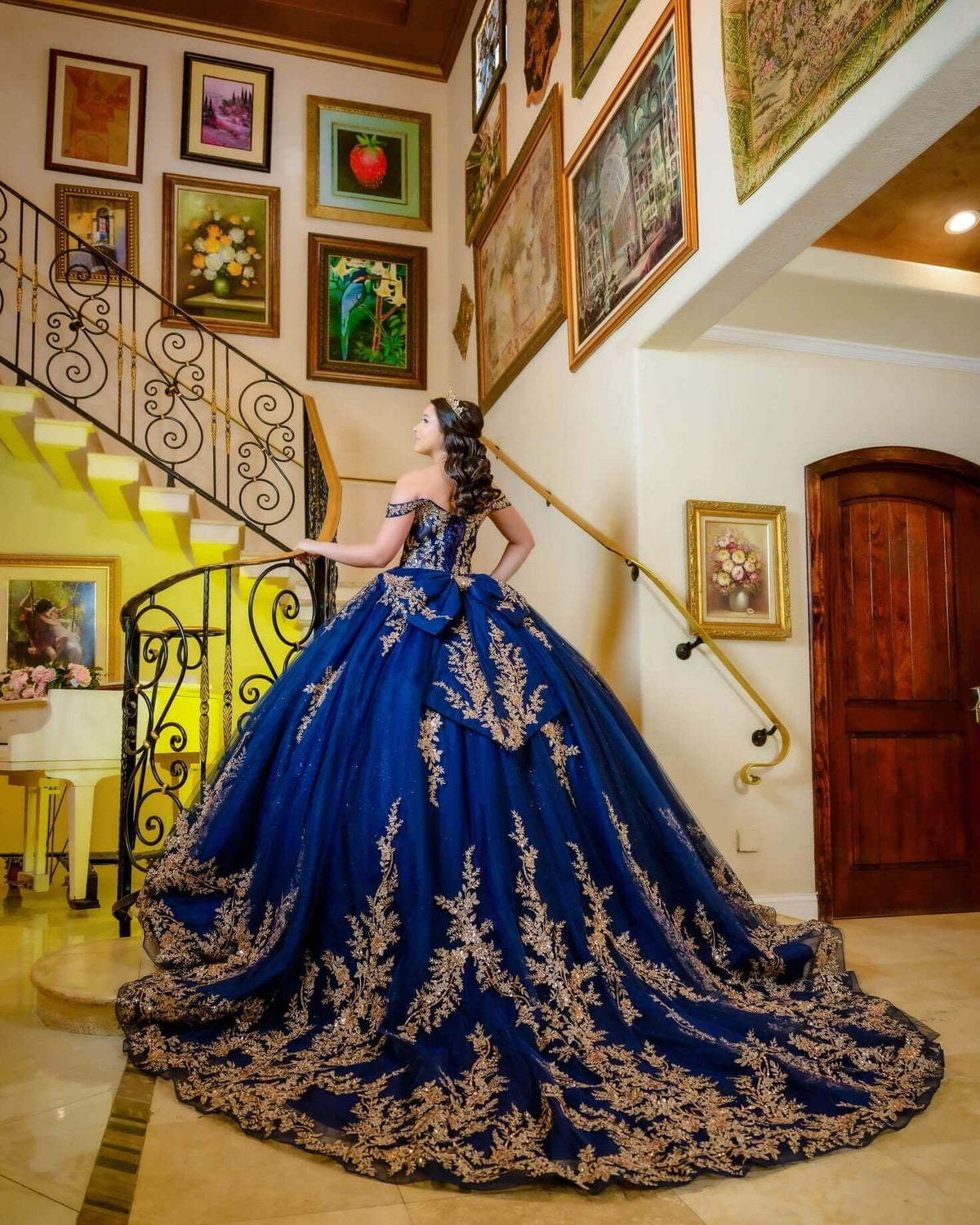 Princess Ball Gown Royal Blue Quince 15 Dress with Gold Applique Beaded