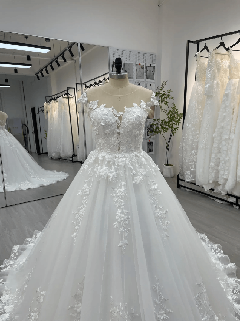 Ball Gown White Modest Wedding Dresses Lace Cap Sleeve 3D Flowers