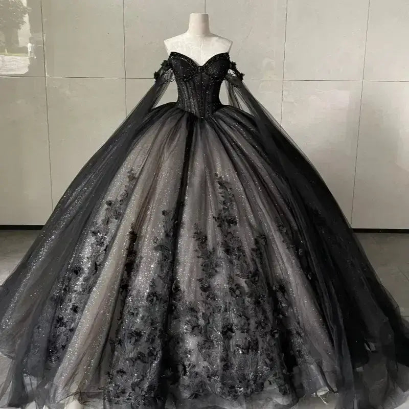 Princess Black Sweet 16 Quinceanera Dress Lace Appliqued With Cape