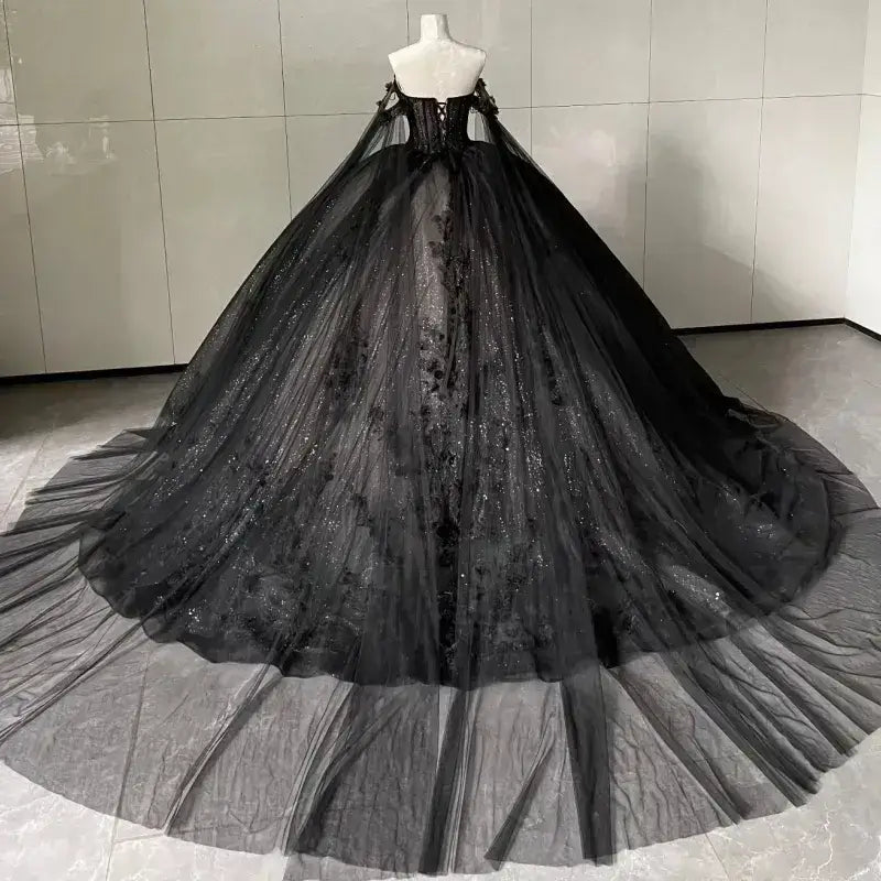 Princess Black Sweet 16 Quinceanera Dress Lace Appliqued With Cape