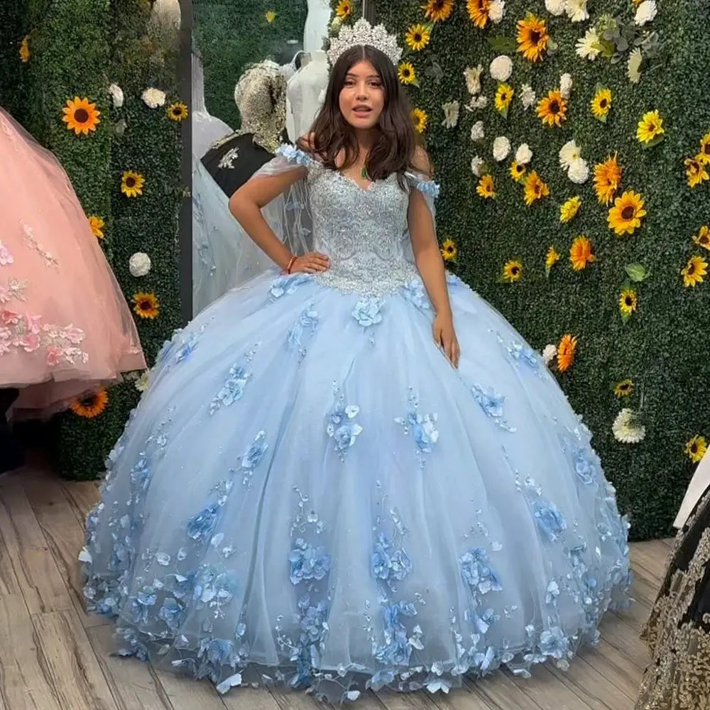 Princess Blue Quinceanera Dresses 3D Flower Ball Gown Vestidos De 15 Anos