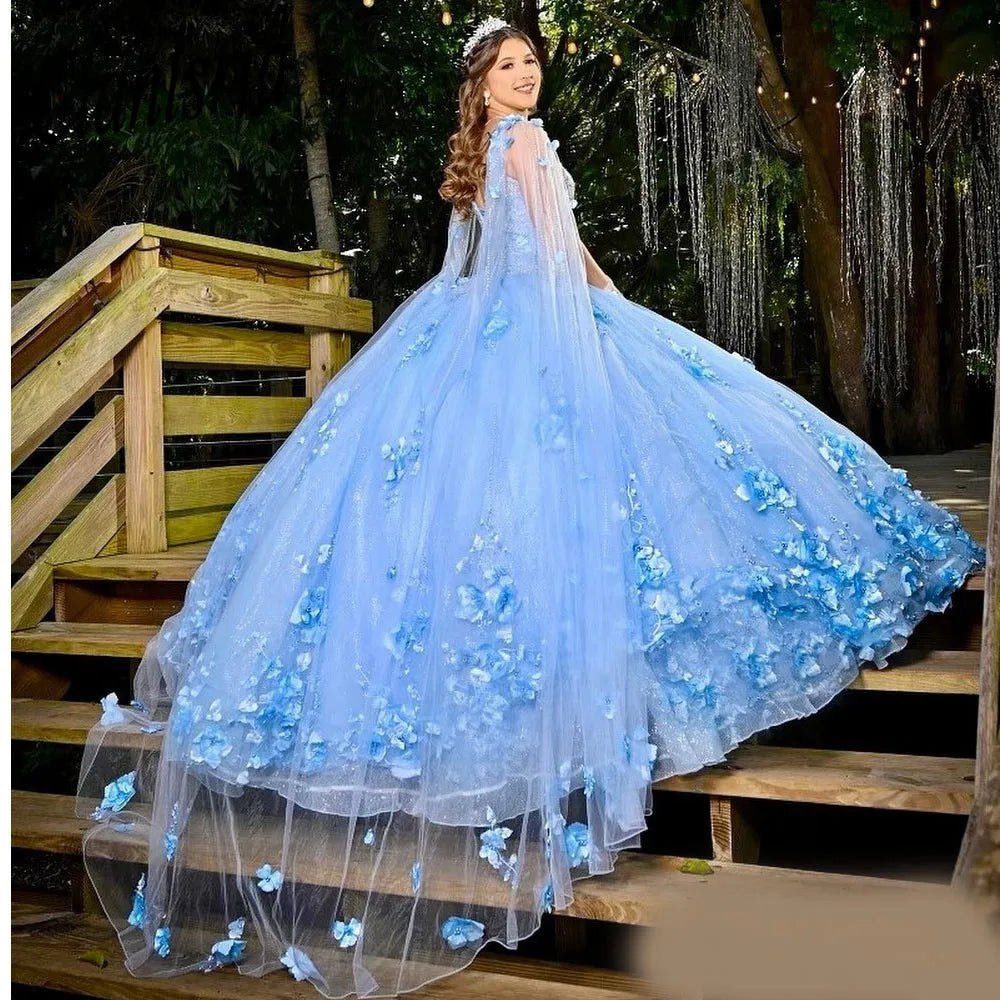 Princess Blue Quinceanera Dresses 3D Flower Ball Gown Vestidos De 15 Anos