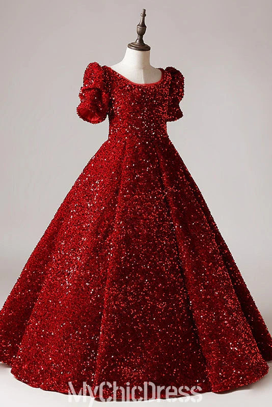 Princess Floor Length Red Sequins Pageant Gown Short Sleeves