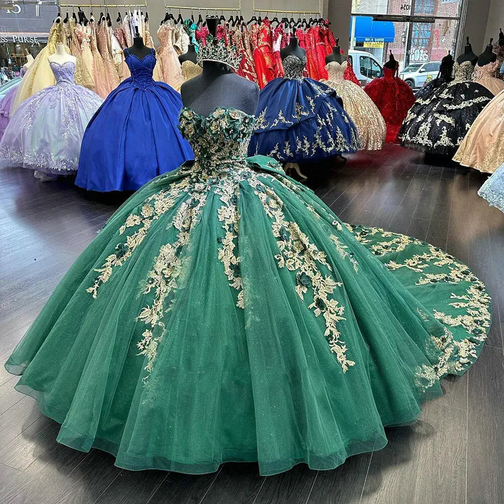Princess Floral Emerald Green Sweet 15 XV Quinceanera Dress for BirthdayParty