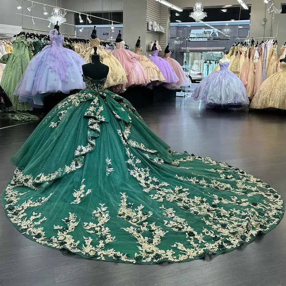 Princess Floral Emerald Green Sweet 15 XV Quinceanera Dress for BirthdayParty