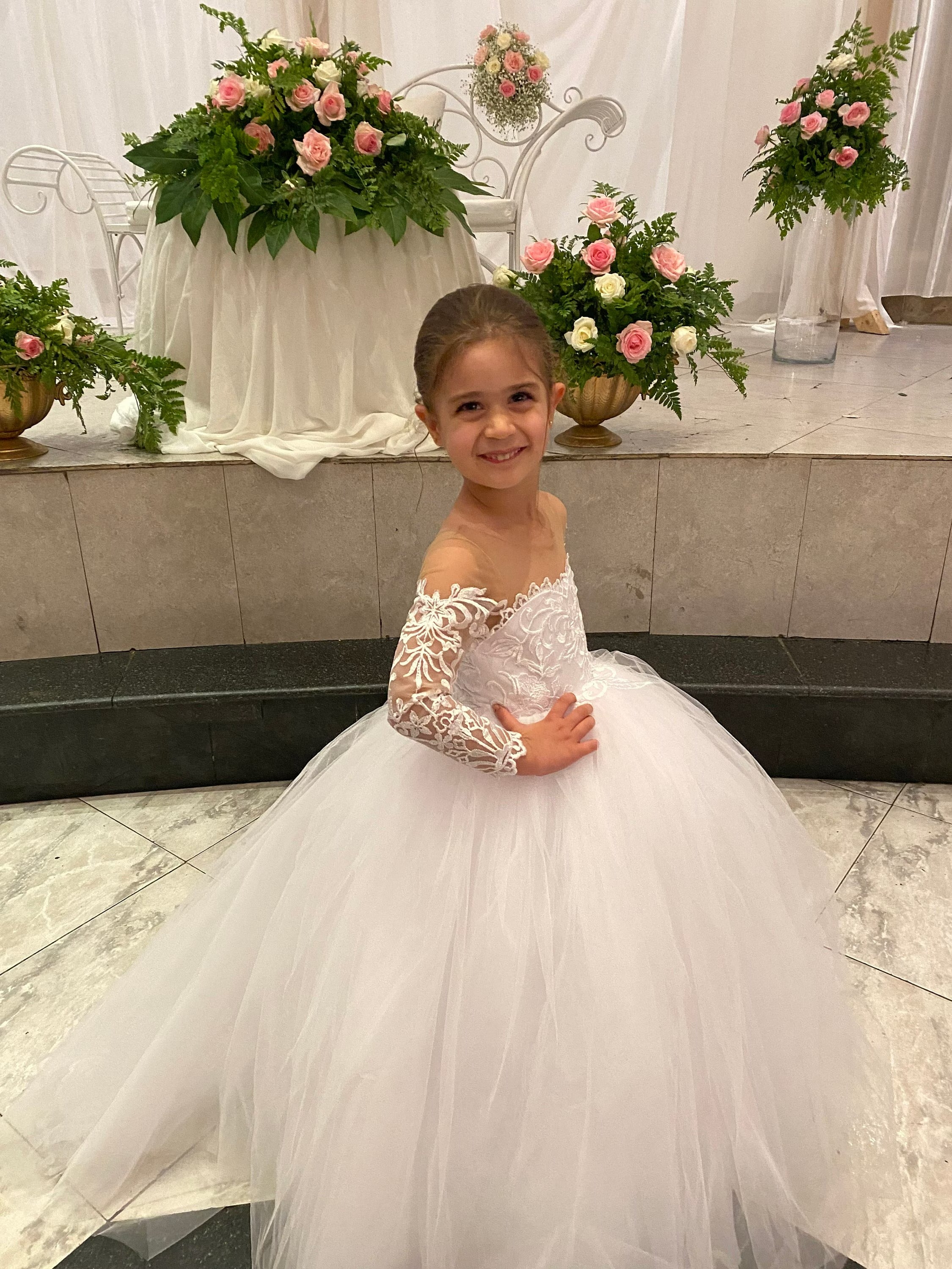 Princess Puffy ivory Flower Girl Dress Long Sleeves with 3D Floral Lace
