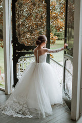 Princess Puffy white Flower Girl Dress Long Sleeves with 3D Floral Lace