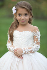 Princess Puffy white Flower Girl Dress Long Sleeves with 3D Floral Lace