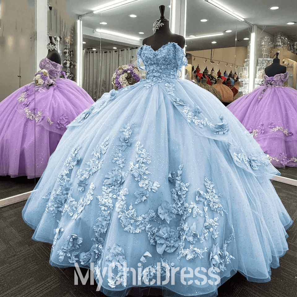 Princess Lace Blue Quinceanera Dress Ball Gown 3D Flowers Sweet 16 Dress
