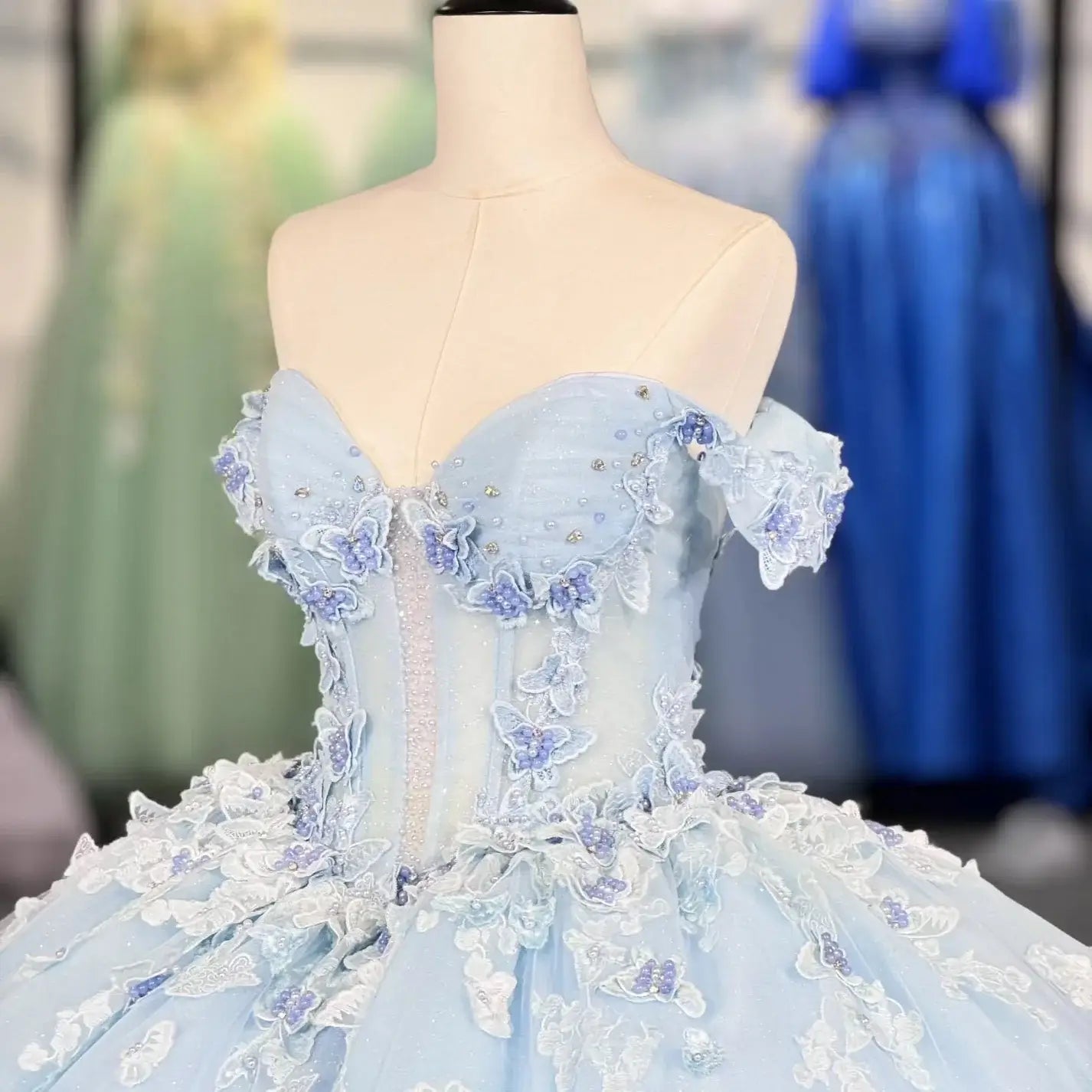 Princess Lace Tulle Light Blue Quinceanera Dresses Pearls with Butterfly