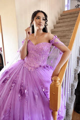 Princess Lilac Quinceanera Dresses 3D Flowers Ball Gown Tulle Dress