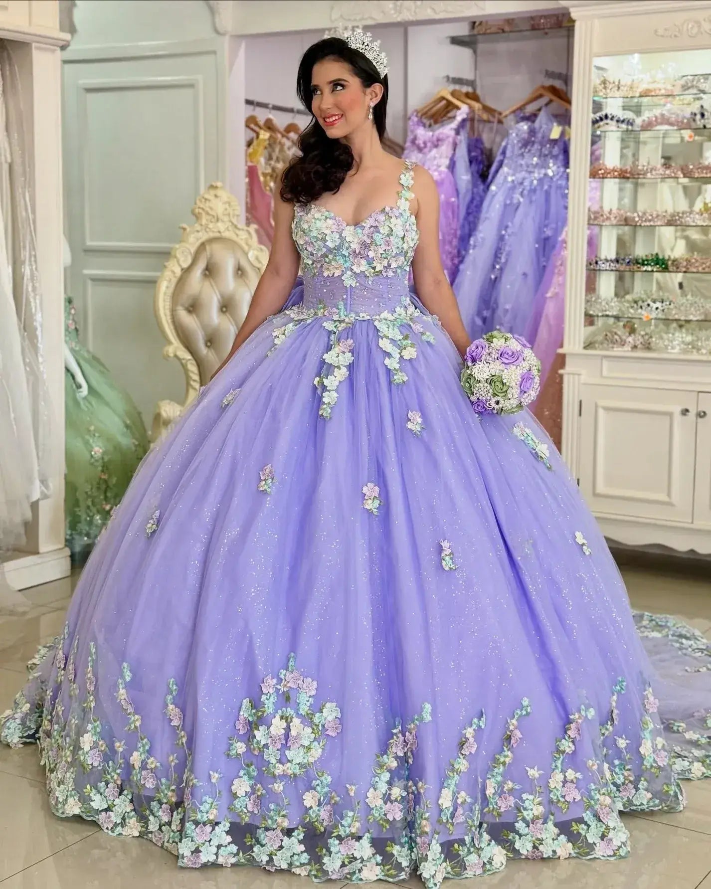 Princess Lilac Sweet 16 Quinceanera Dresses 3D Flower Appliqued