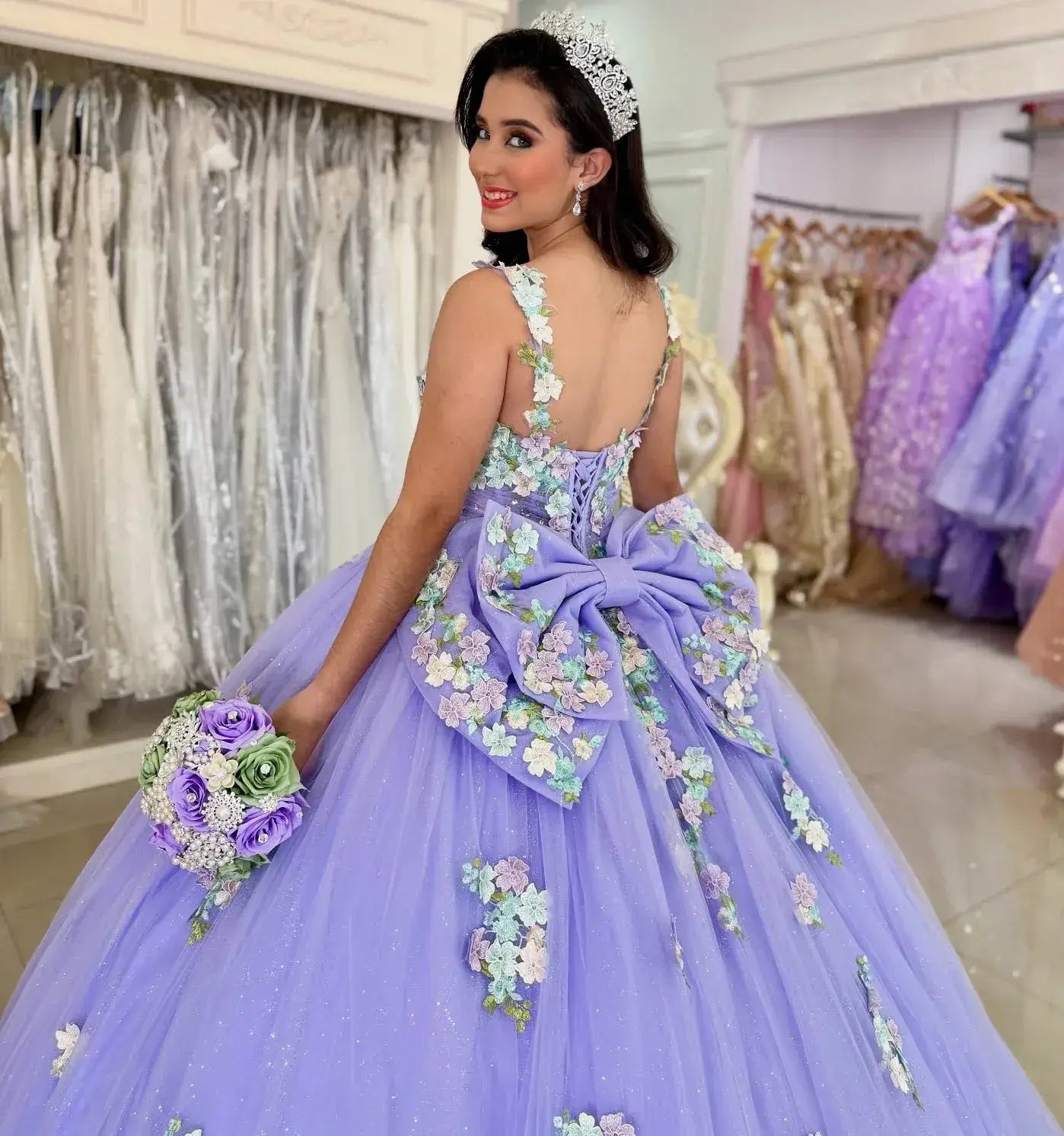 Princess Lilac Sweet 16 Quinceanera Dresses 3D Flower Appliqued