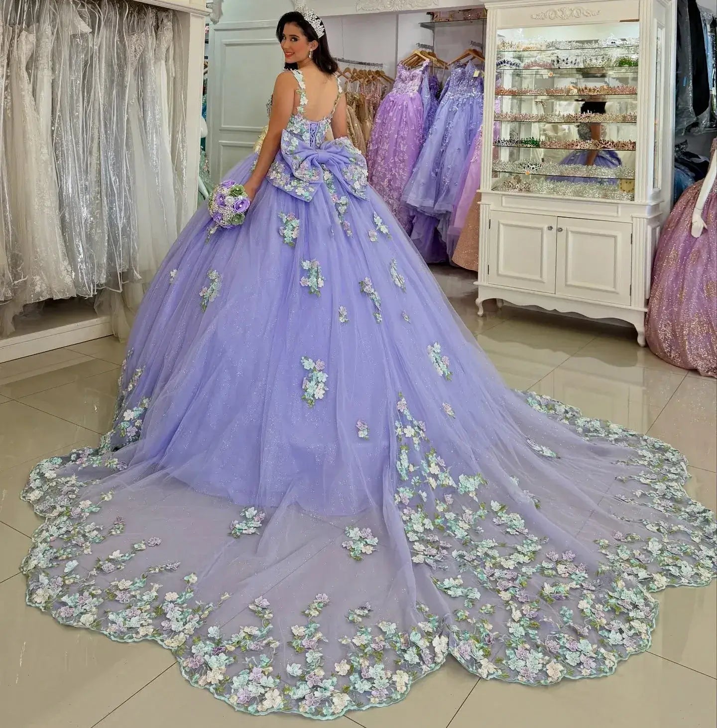 Princess Lilac Sweet 16 Quinceanera Dresses 3D Flower Appliqued