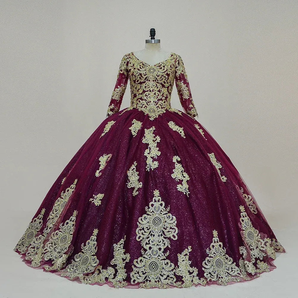 Glitter Long Sleeve Dark Red Quinceanera Dress Gold Applique Wedding Gown
