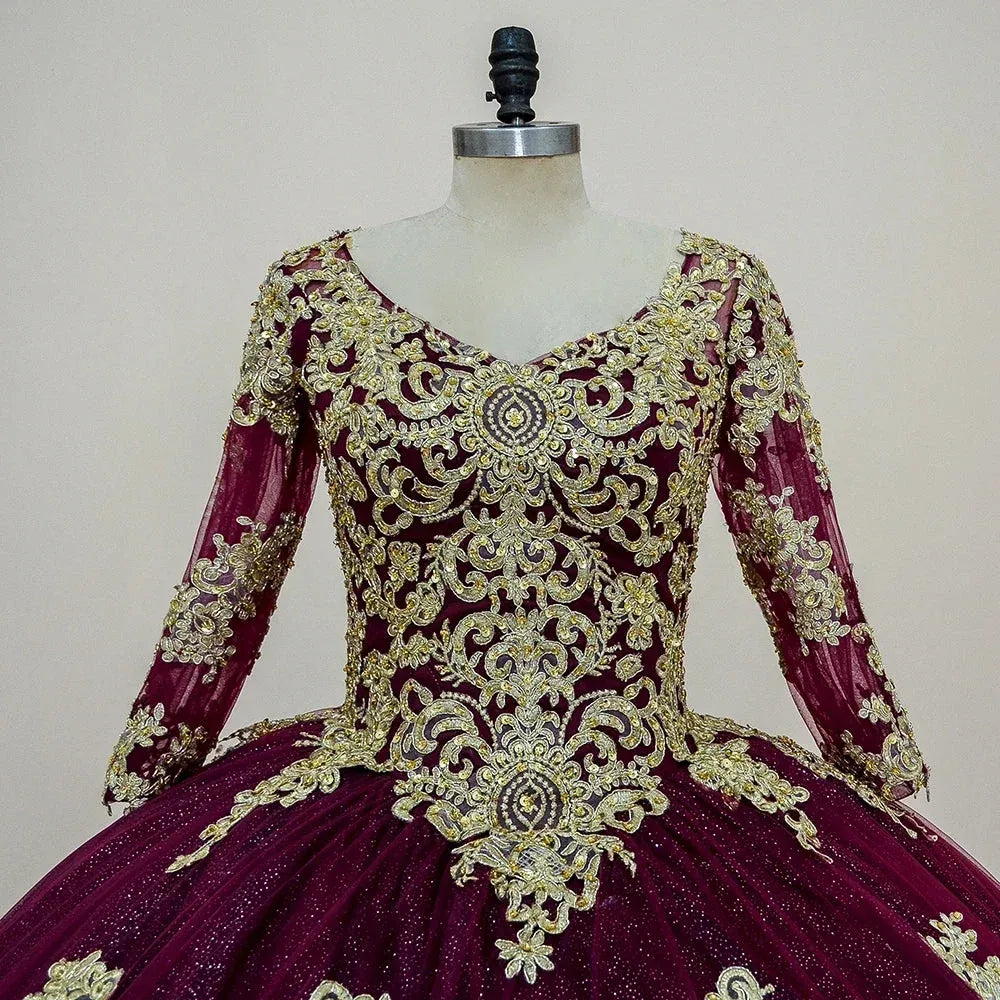 Glitter Long Sleeve Dark Red Quinceanera Dress Gold Applique Wedding Gown