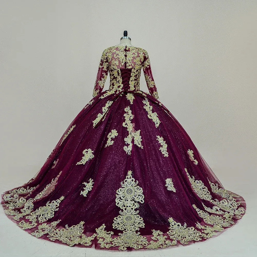 Glitter Long Sleeve Dark Red Quinceanera Dress Gold Applique Wedding Gown
