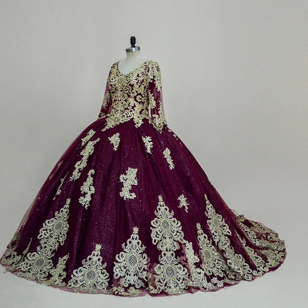Glitter Long Sleeve Dark Red Quinceanera Dress Gold Applique Wedding Gown