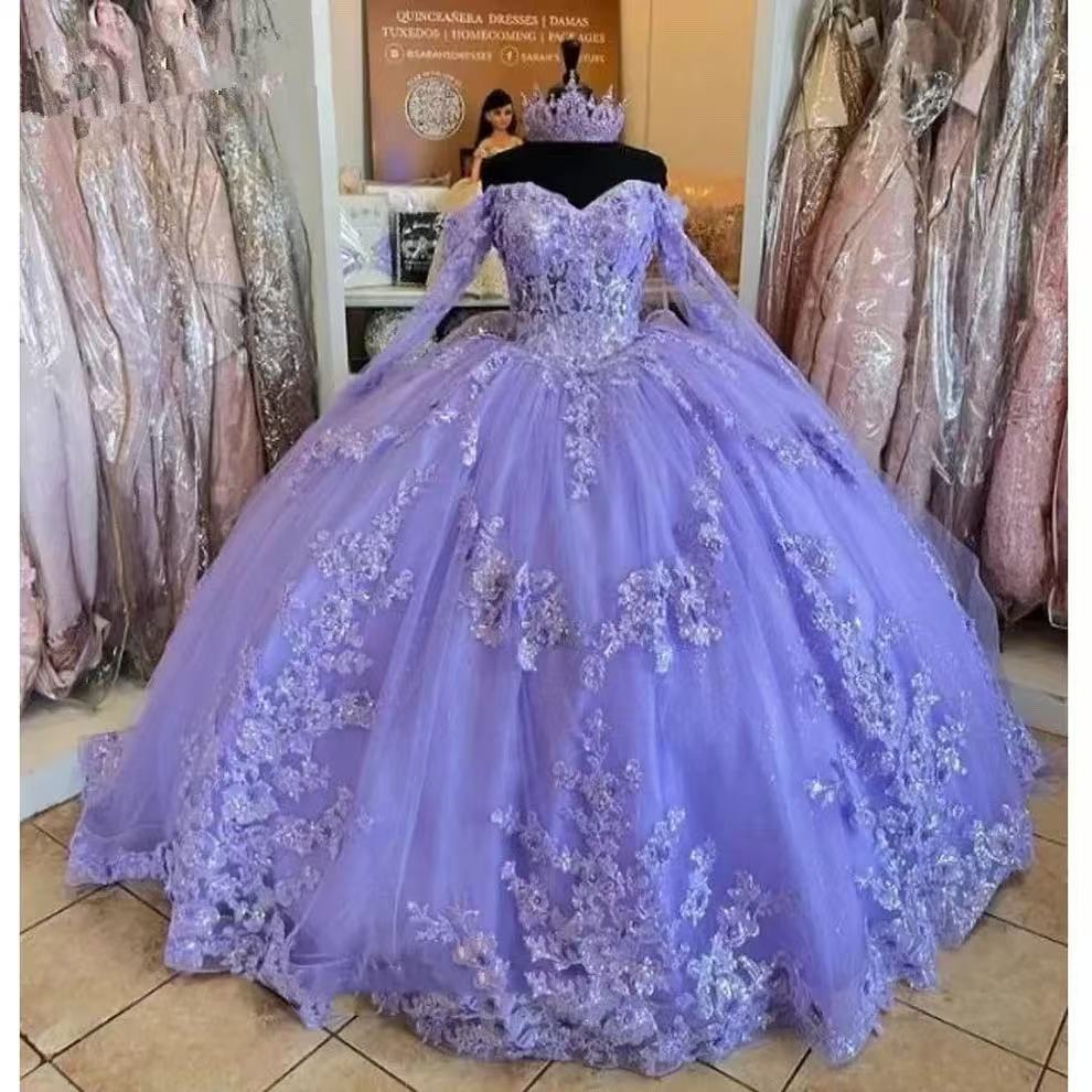 Mychicdress Long Sleeve Lavender Quinceanera Dresses Lace Beaded  Birthday 15 Dress