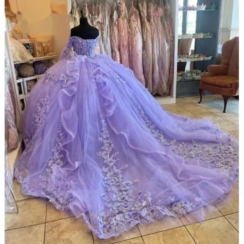 Mychicdress Long Sleeve Lavender Quinceanera Dresses Lace Beaded  Birthday 15 Dress