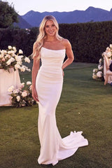 Princess Mermaid Beach Strapless Satin Dresses For Wedding Mychicdress