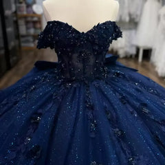 Princess Navy Quinceanera Dresses Blue Flowers Beaded With Bowknot