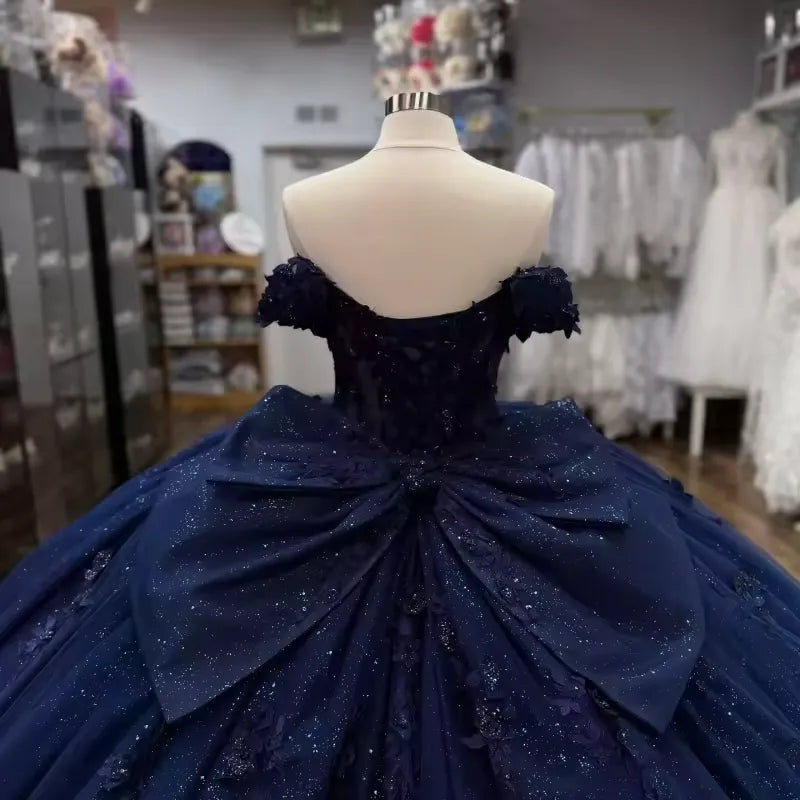 Princess Navy Quinceanera Dresses Blue Flowers Beaded With Bowknot