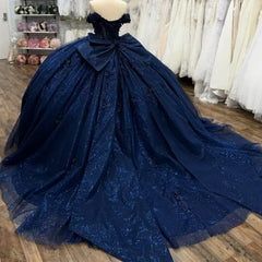 Princess Navy Quinceanera Dresses Blue Flowers Beaded With Bowknot