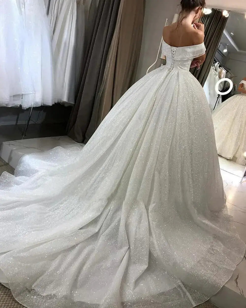 Princess Off-Shoulder Sparkly Sequin Wedding Dresses for Bride with Train