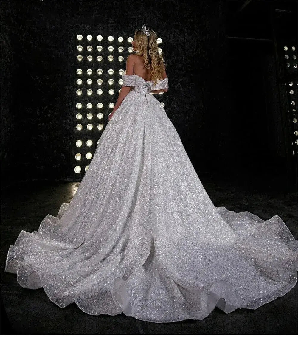 Princess Off-Shoulder Sparkly Sequin Wedding Dresses for Bride with Train