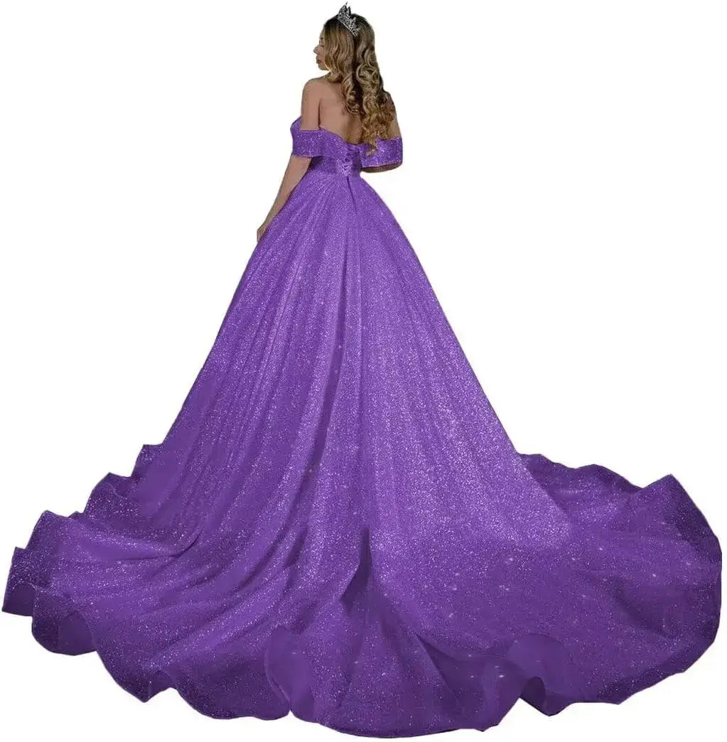 Princess Off-Shoulder Sparkly Sequin Wedding Dresses for Bride with Train
