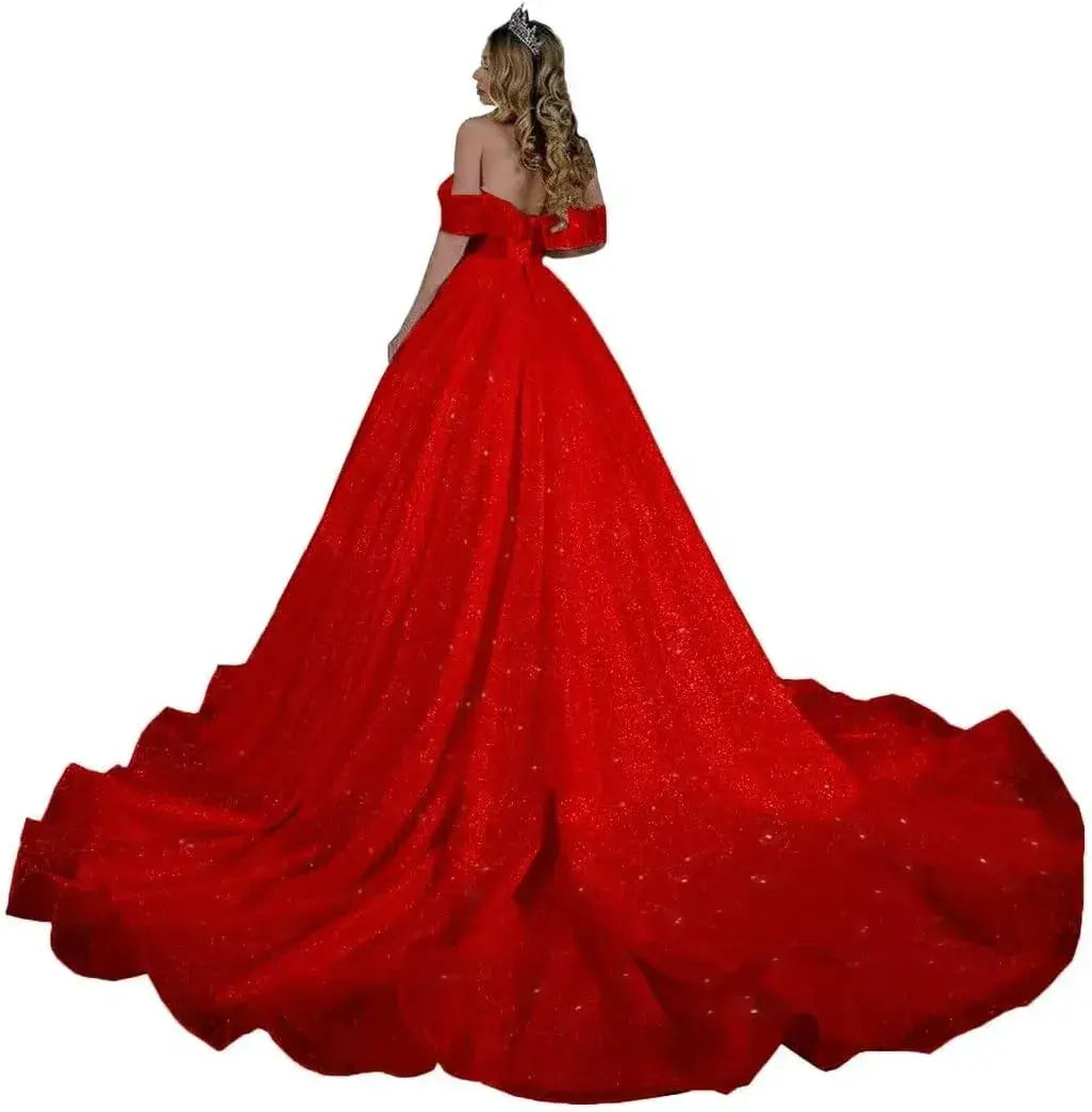 Princess Off-Shoulder Sparkly Sequin Wedding Dresses for Bride with Train
