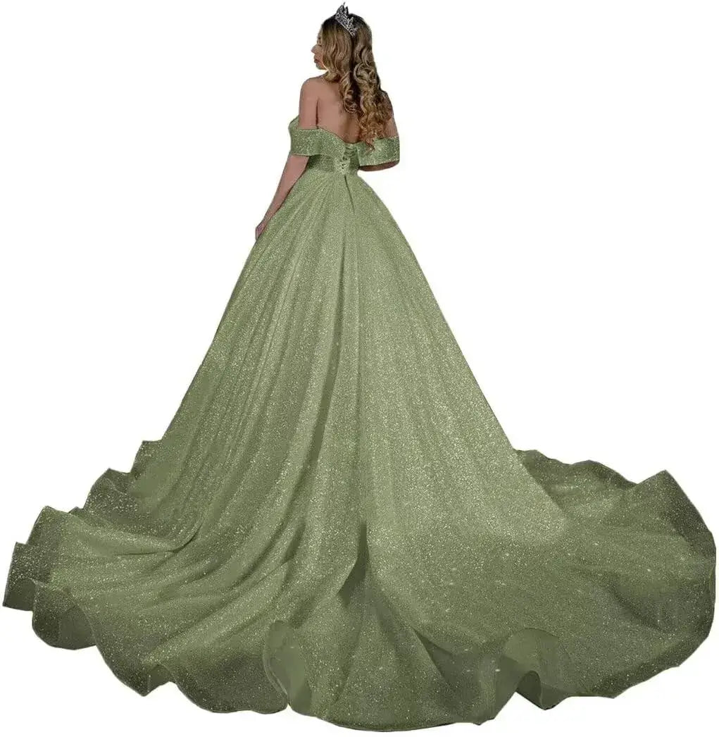 Princess Off-Shoulder Sparkly Sequin Wedding Dresses for Bride with Train
