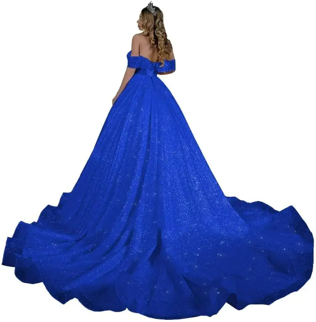 Princess Off-Shoulder Sparkly Sequin Wedding Dresses for Bride with Train