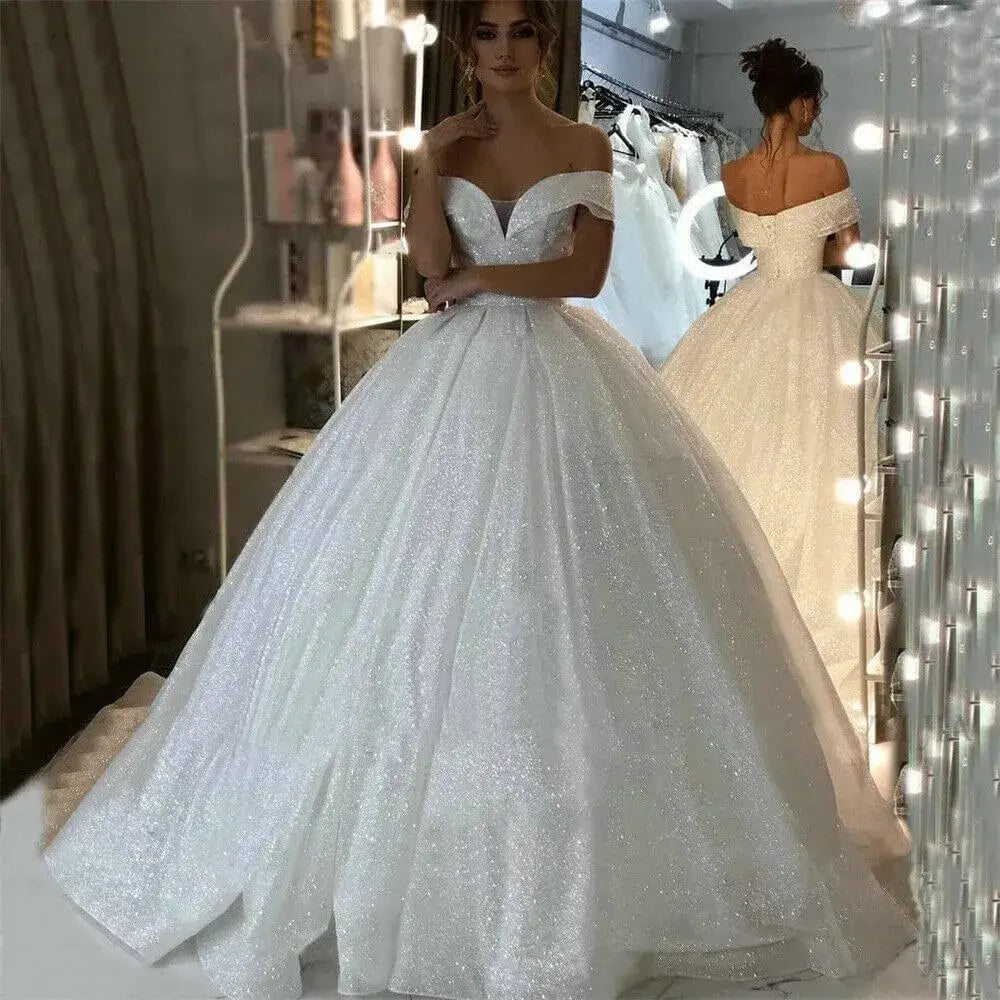 Princess Off-Shoulder Sparkly Sequin Wedding Dresses for Bride with Train