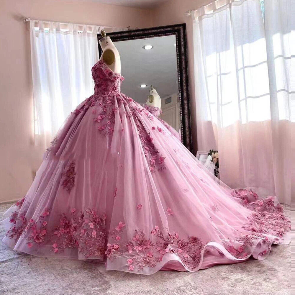 Princess Pink Quince Dresses Off The Shoulder 3D Flowers Mychicdress