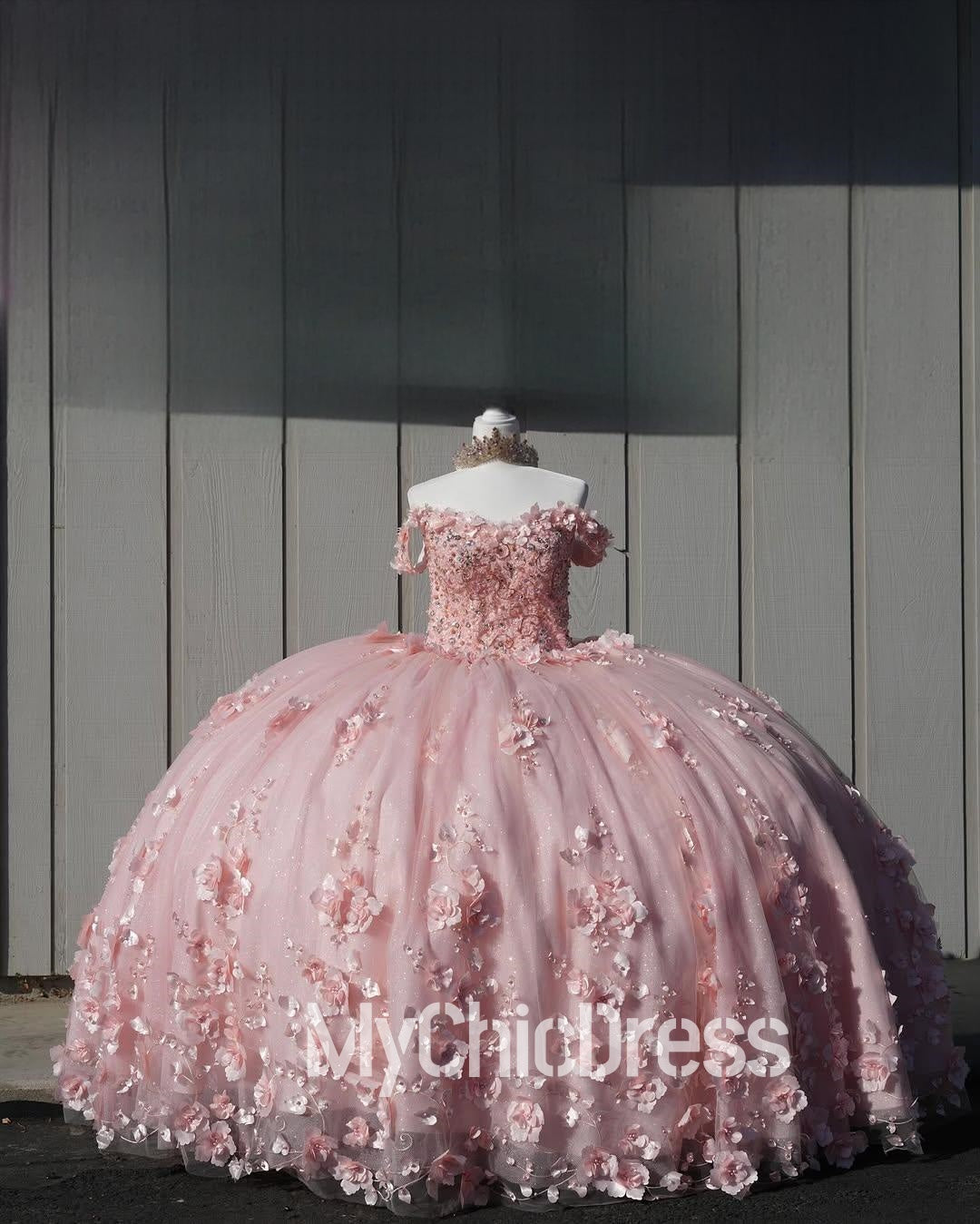Princess Pink Quinceanera Dresses Discount Lace-Up 3D Flowers Ball Gowns