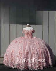 Princess Pink Quinceanera Dresses Discount Lace-Up 3D Flowers Ball Gowns