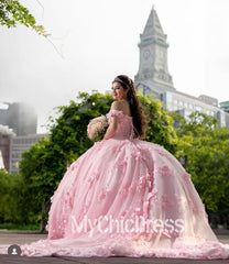 Princess Pink Quinceanera Dresses Discount Lace-Up 3D Flowers Ball Gowns