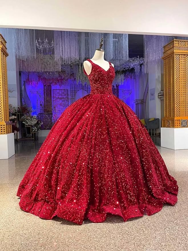 Princess Puffy Red Sequin Quinceanera Dresses Mychicdress