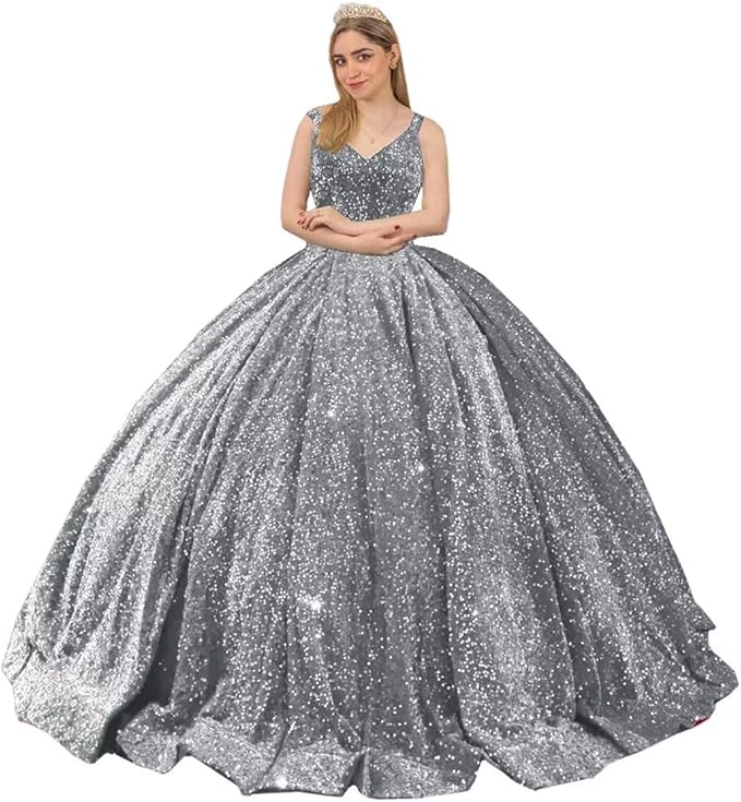 Princess Puffy silver Sequin Quinceanera Dresses Mychicdress