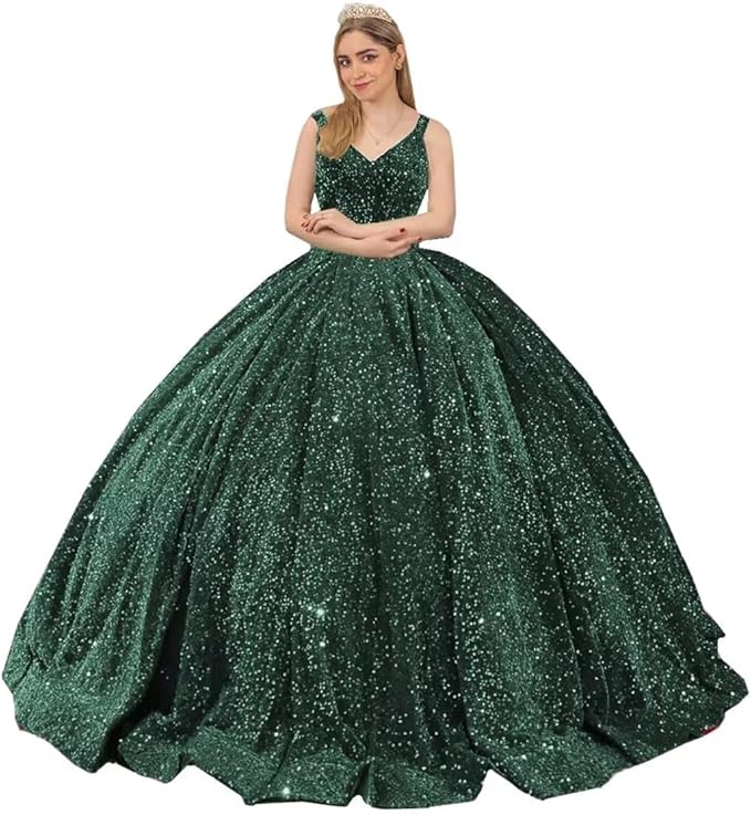 Princess Puffy emrald Green Sequin Quinceanera Dresses Mychicdress