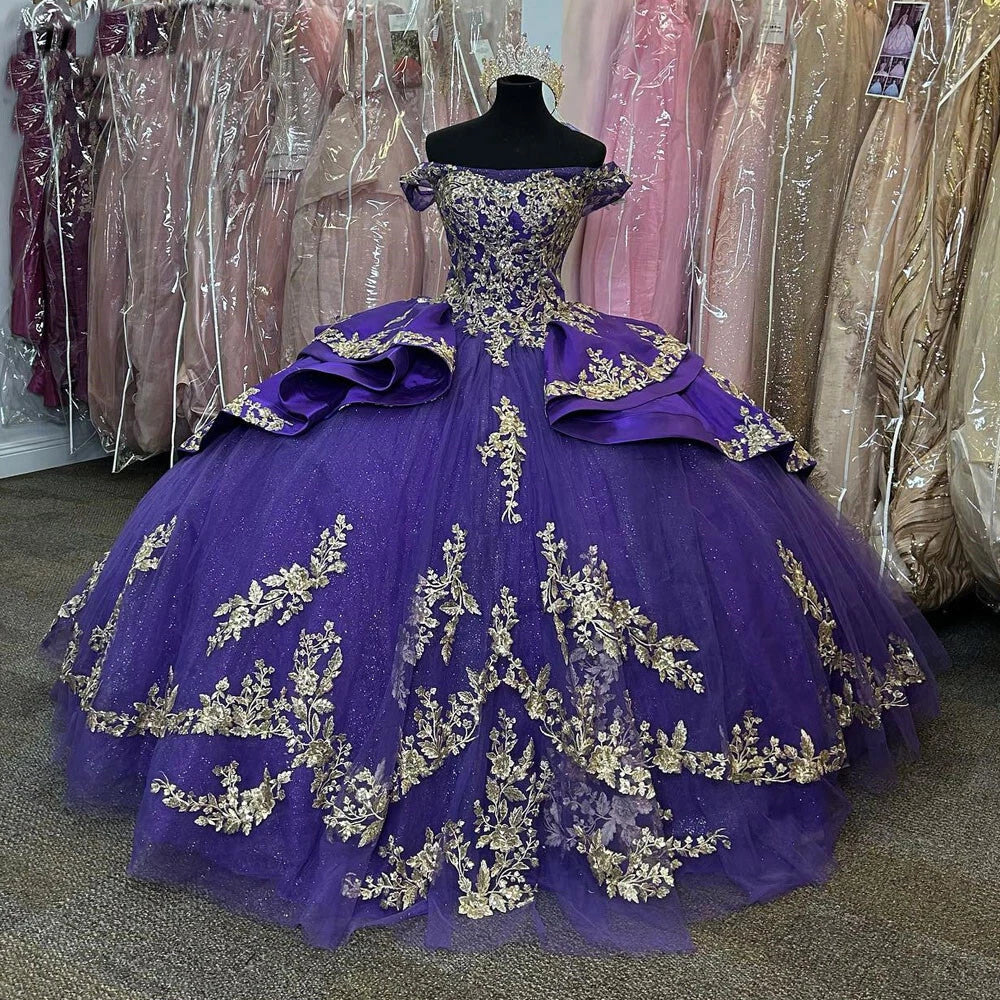 Princess Purple Quinceanera Dresses Gold Applique Tulle Sweet 16 Dress