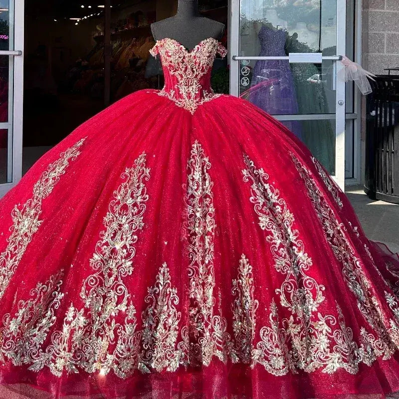 Princess Red Gold Sweet 16 Quinceanera Dresses Tulle Appliqued Beaded