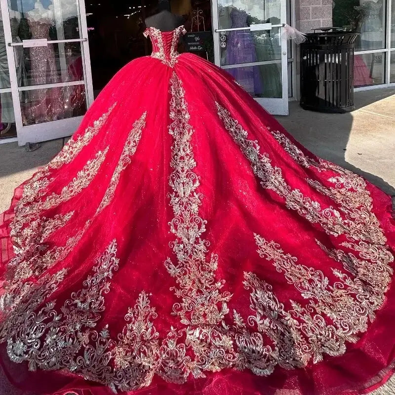 Princess Red Gold Sweet 16 Quinceanera Dresses Tulle Appliqued Beaded