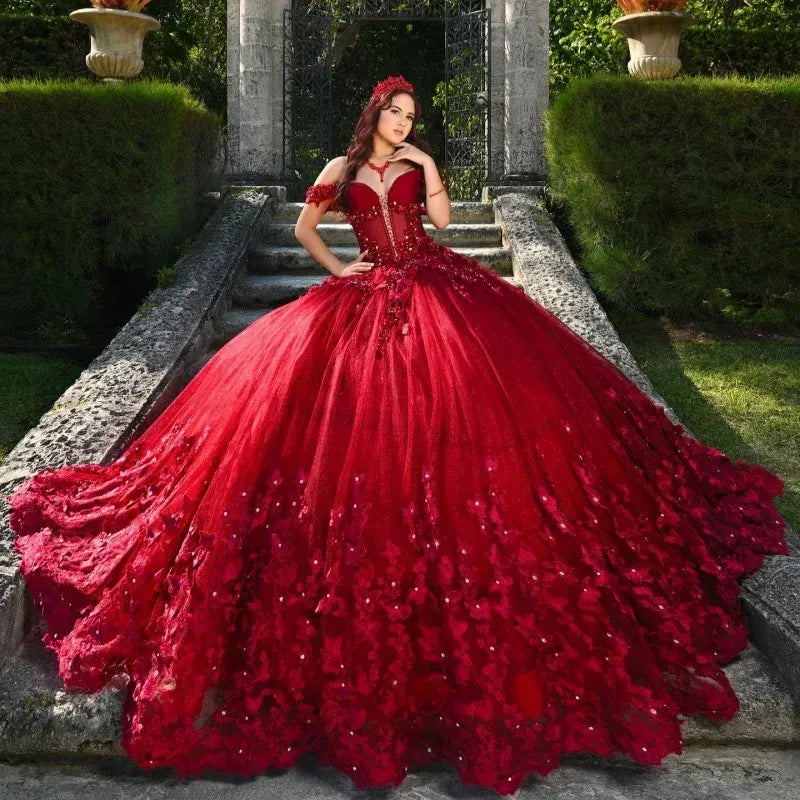 Princess Red Quince Dress 3D Butterfly Ball Gown XV Dress Off Shoulder