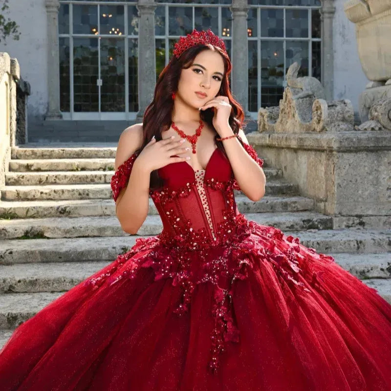 Princess Red Quince Dress 3D Butterfly Ball Gown XV Dress Off Shoulder
