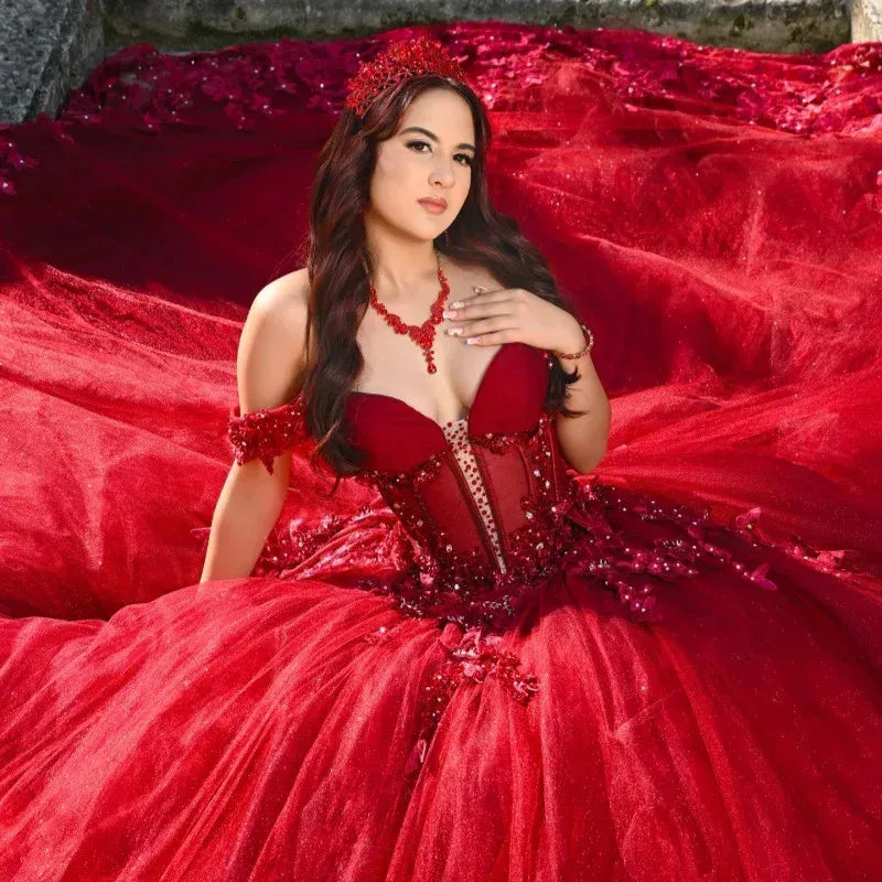 Princess Red Quince Dress 3D Butterfly Ball Gown XV Dress Off Shoulder